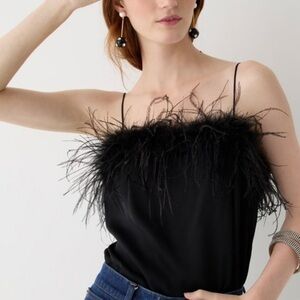 J Crew Shirt Women Extra Small Black Collection Tank Top Silk Feather Trim XS
